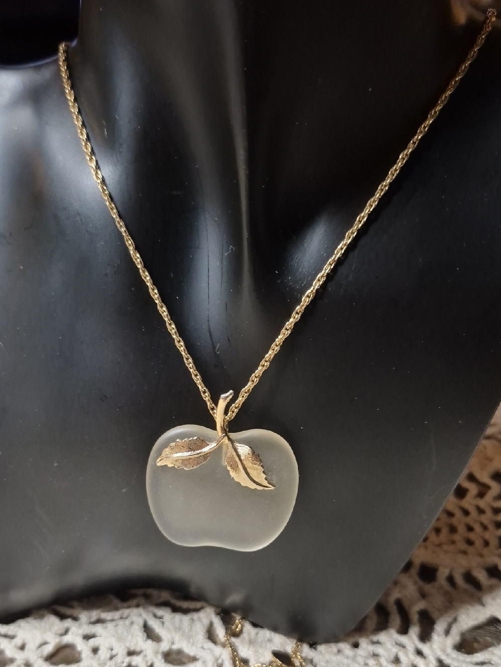 Avon Frosted White Apple Pendant Necklace with Gold Leaf Accents - Women Jewelry